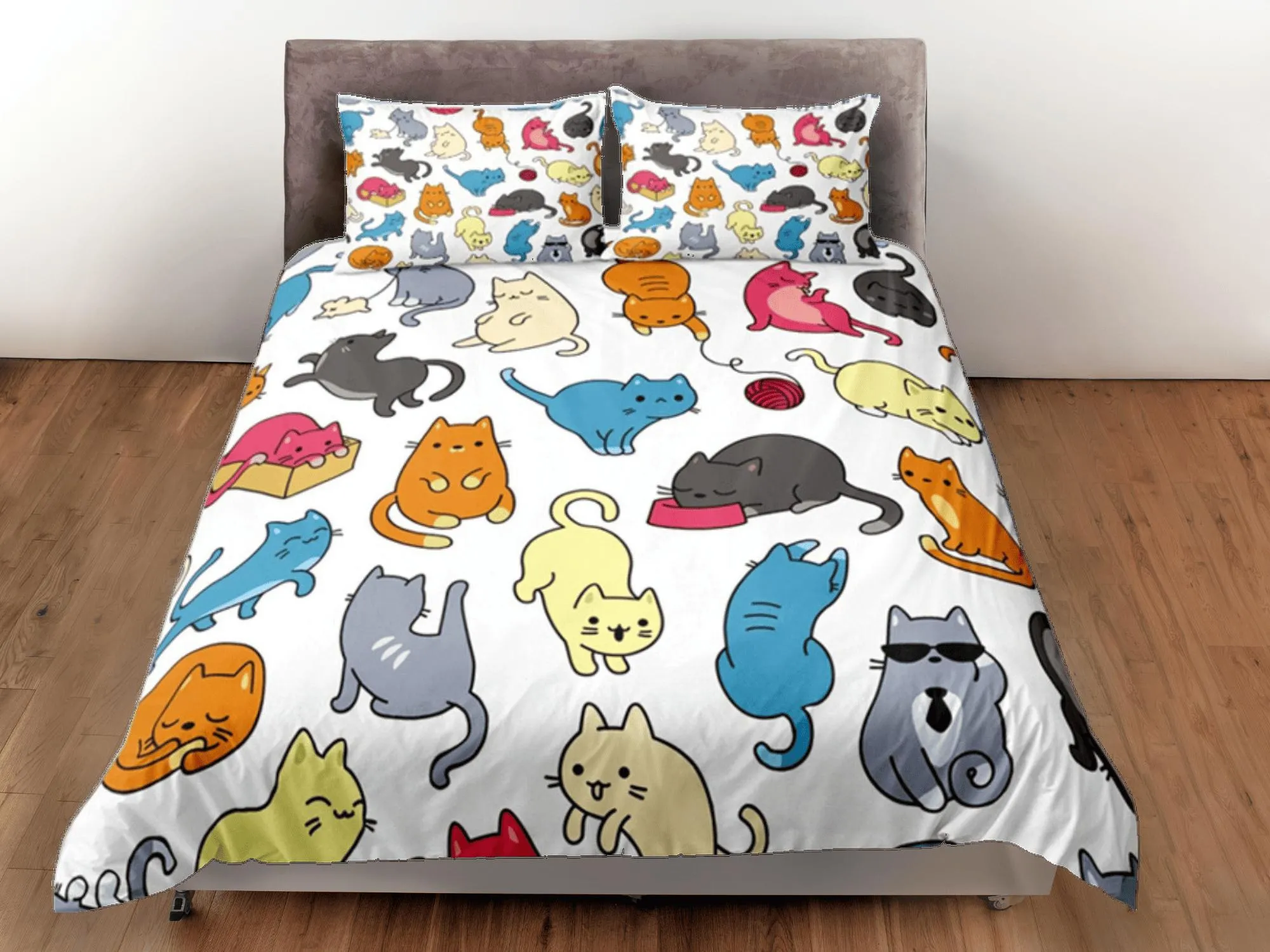 Kids Duvet Cover Set Cute Cats Bedspread, Colorful Dorm Bedding & Pillowcase, King Duvet Cover Full, Queen Duvet Comforter