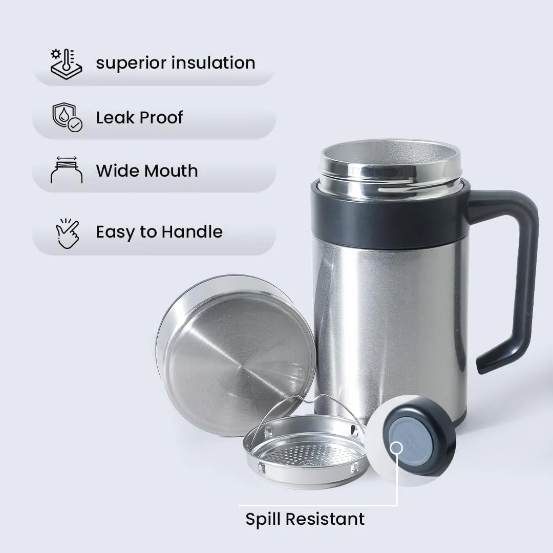 Kuber industries Stainless Steel Vacuum Insulated Mug with Lid 400 ML-Pack of 2 (Silver)