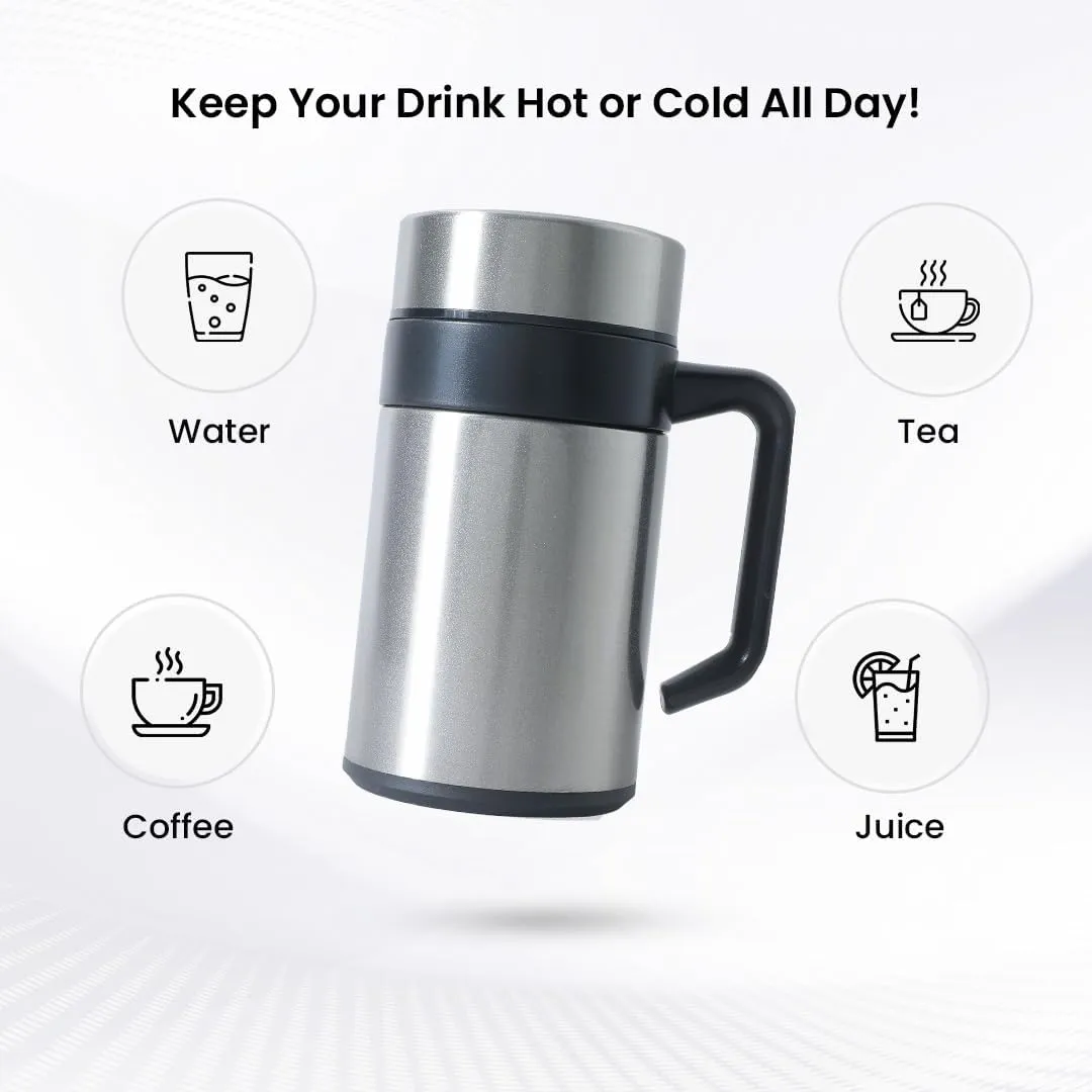 Kuber industries Stainless Steel Vacuum Insulated Mug with Lid 400 ML-Pack of 2 (Silver)