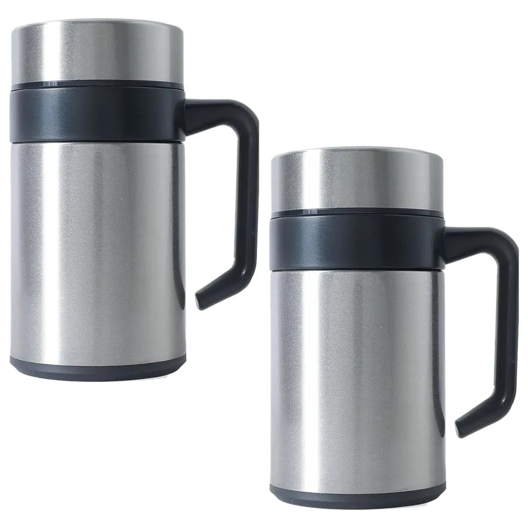 Kuber industries Stainless Steel Vacuum Insulated Mug with Lid 400 ML-Pack of 2 (Silver)