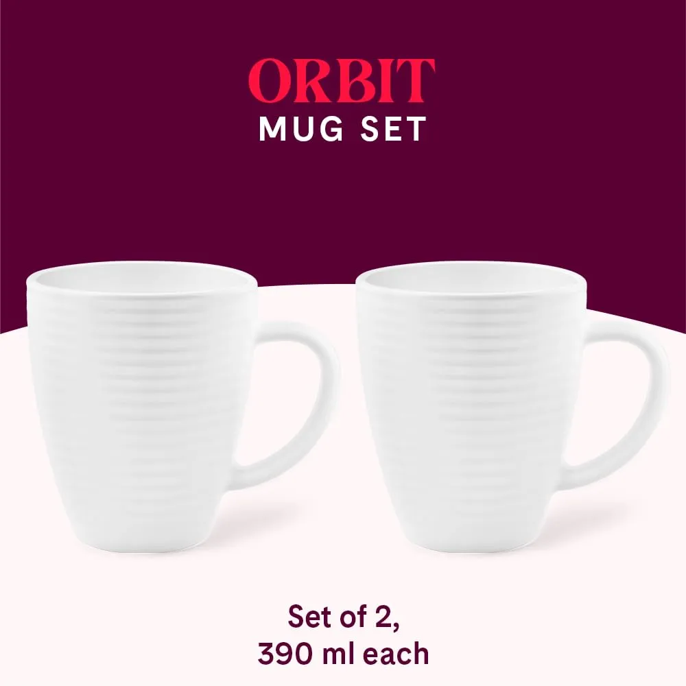 Larah by Borosil 2 Pcs Tea/Coffee Orbit White Opalware Mug, 400 ml Each, Microwave & Dishwasher Safe, Bone-Ash Free, Crockery Set Ideal for Daily Use & Gifting