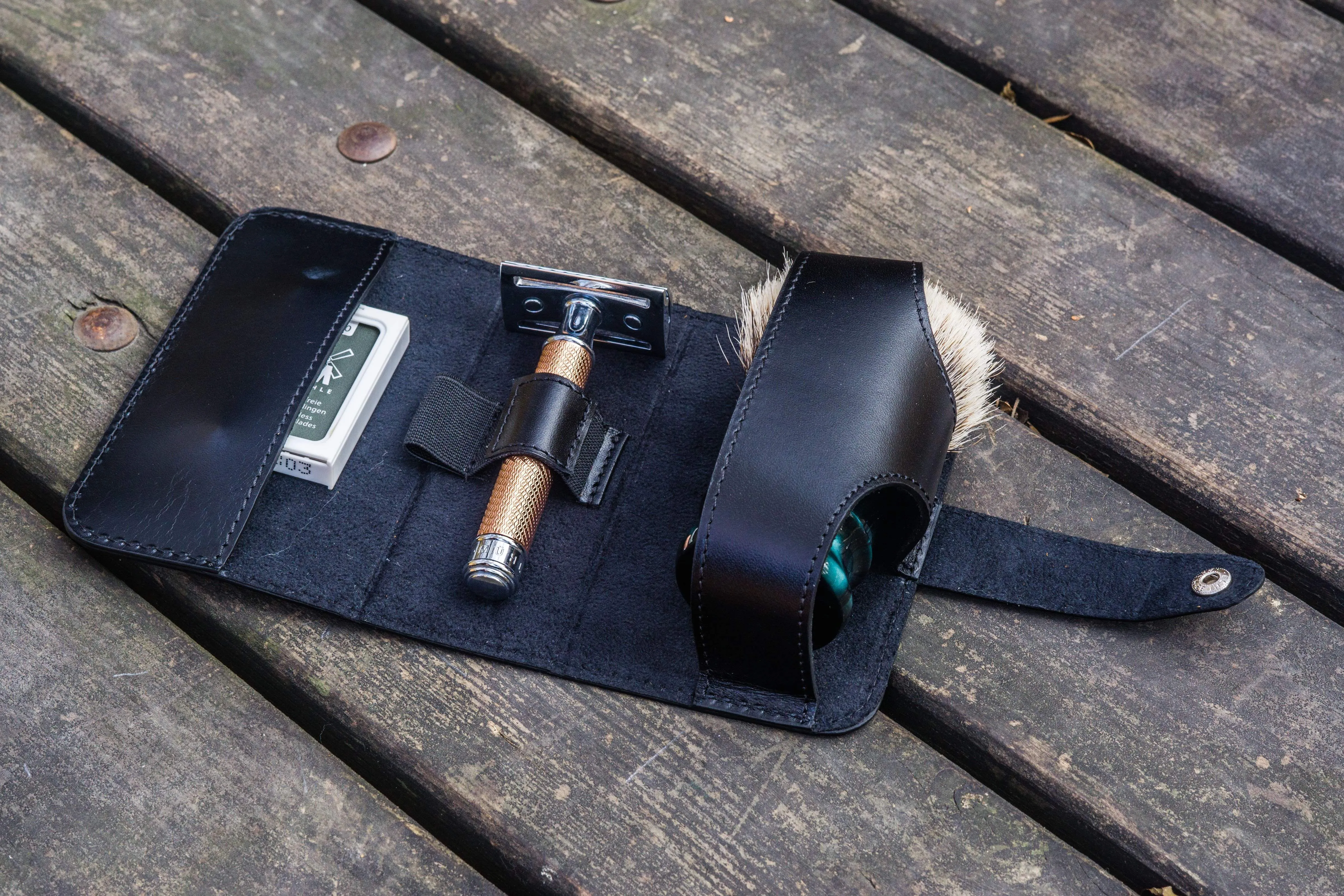 Leather Shaving Travel Kit - Black