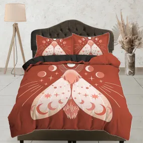 Luna Moth Burnt Orange Boho Bedding, Zodiac Gift Celestial Dorm Bedding, Astrology Duvet Cover Set, Aesthetic Duvet King Queen Full Twin