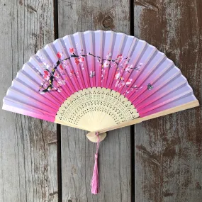 Luxury Bamboo Silk Fan - Painted cherryblossoms and butterflies