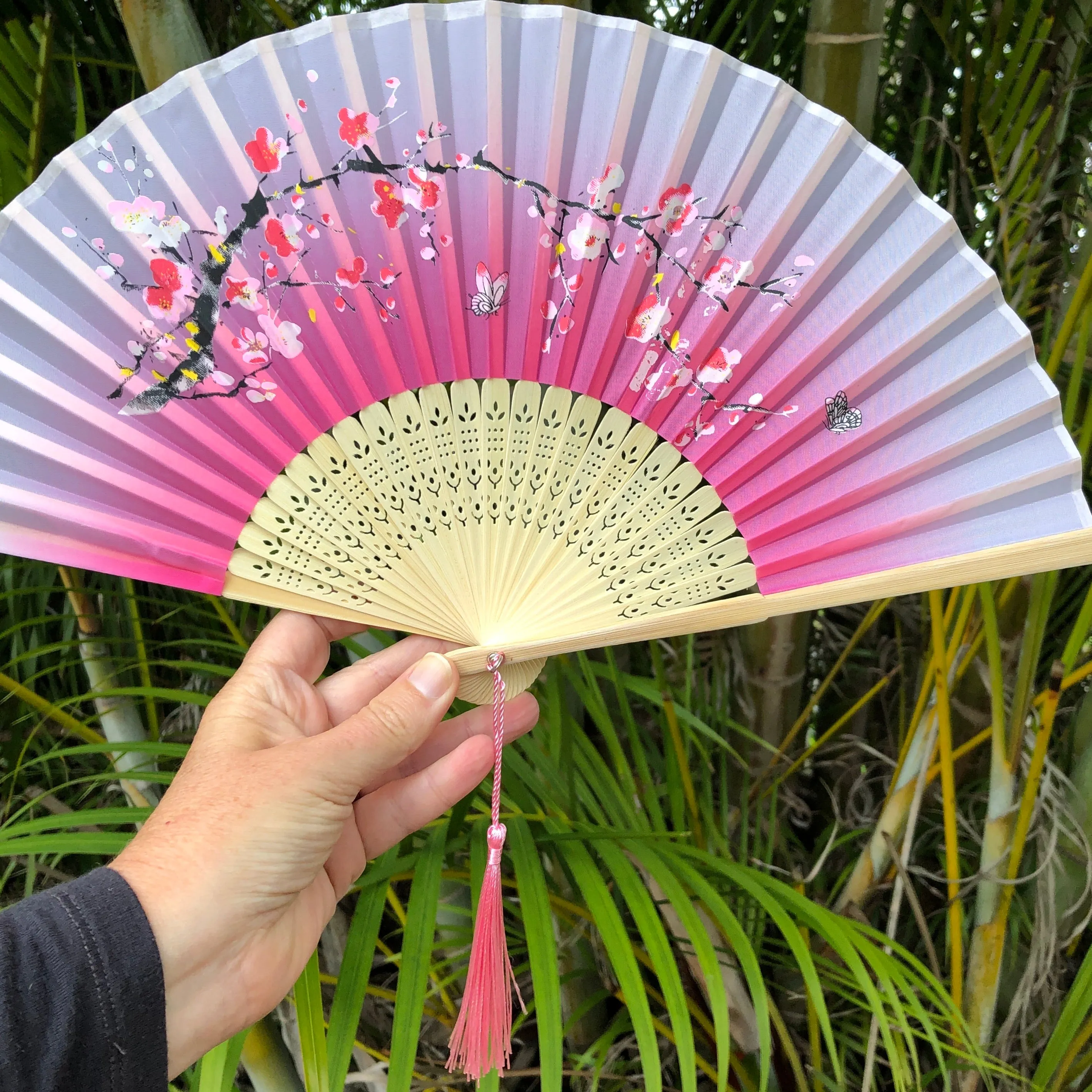 Luxury Bamboo Silk Fan - Painted cherryblossoms and butterflies