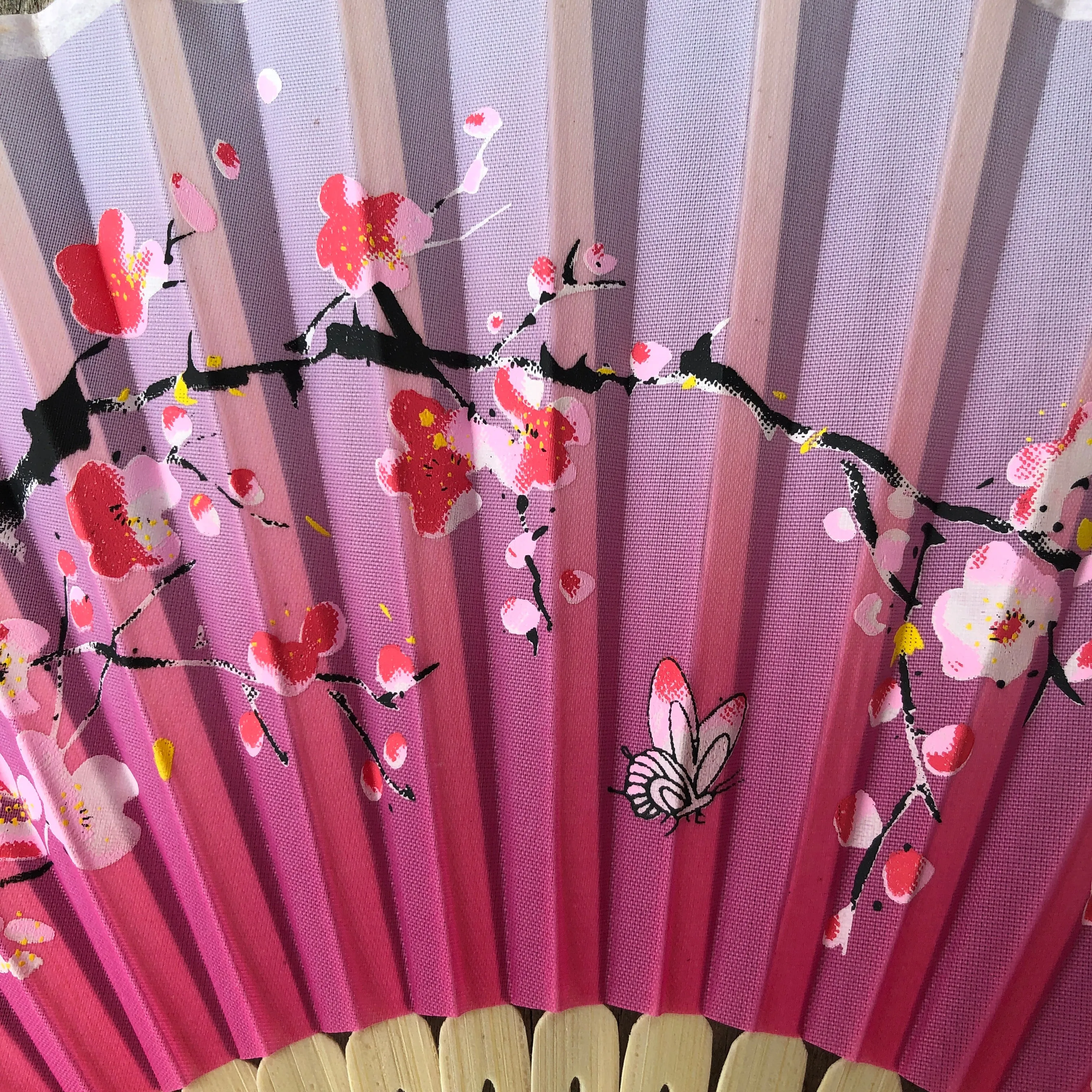 Luxury Bamboo Silk Fan - Painted cherryblossoms and butterflies