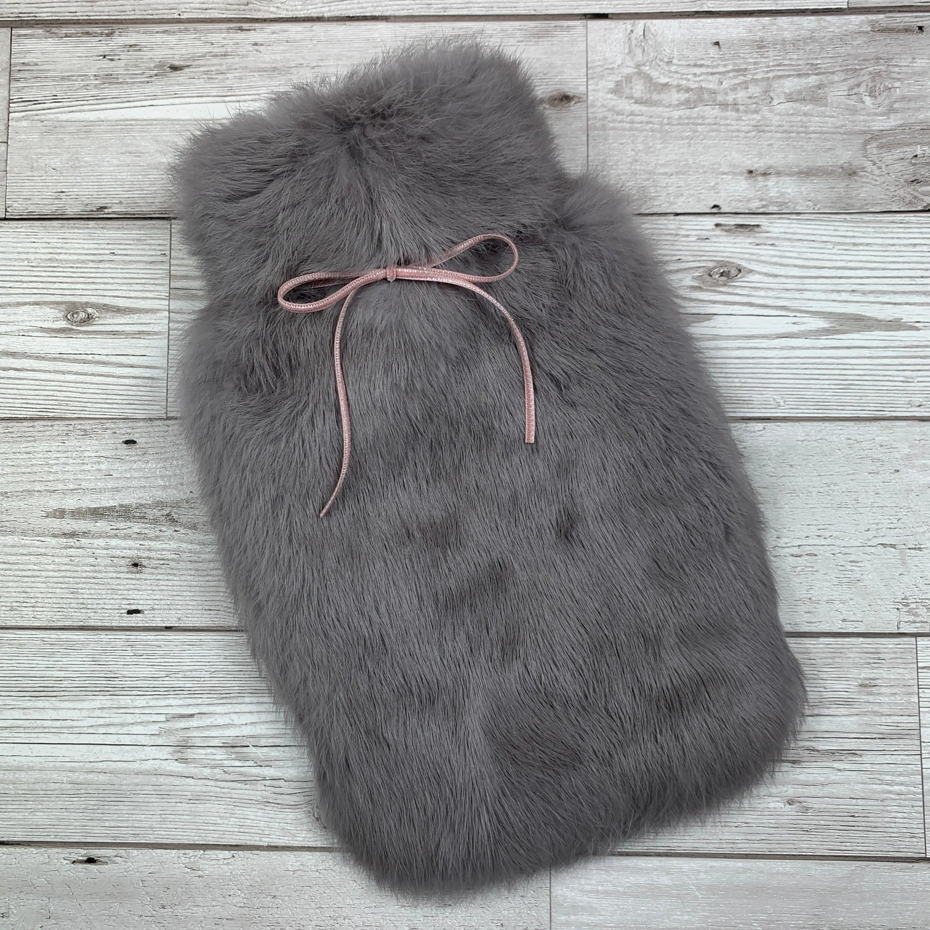 Luxury Grey Rabbit Fur Hot Water Bottle with Pink Ribbon - Small