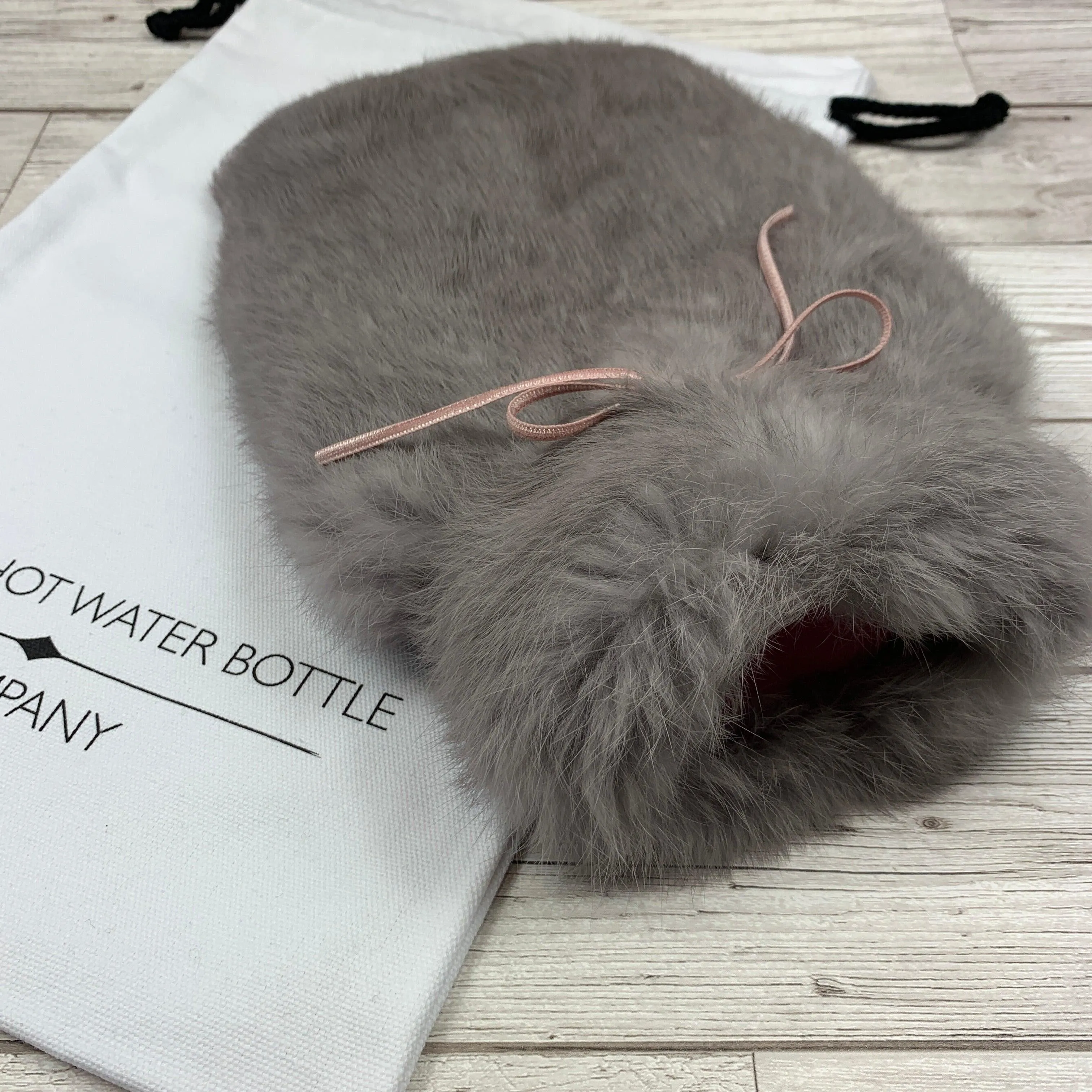 Luxury Grey Rabbit Fur Hot Water Bottle with Pink Ribbon - Small