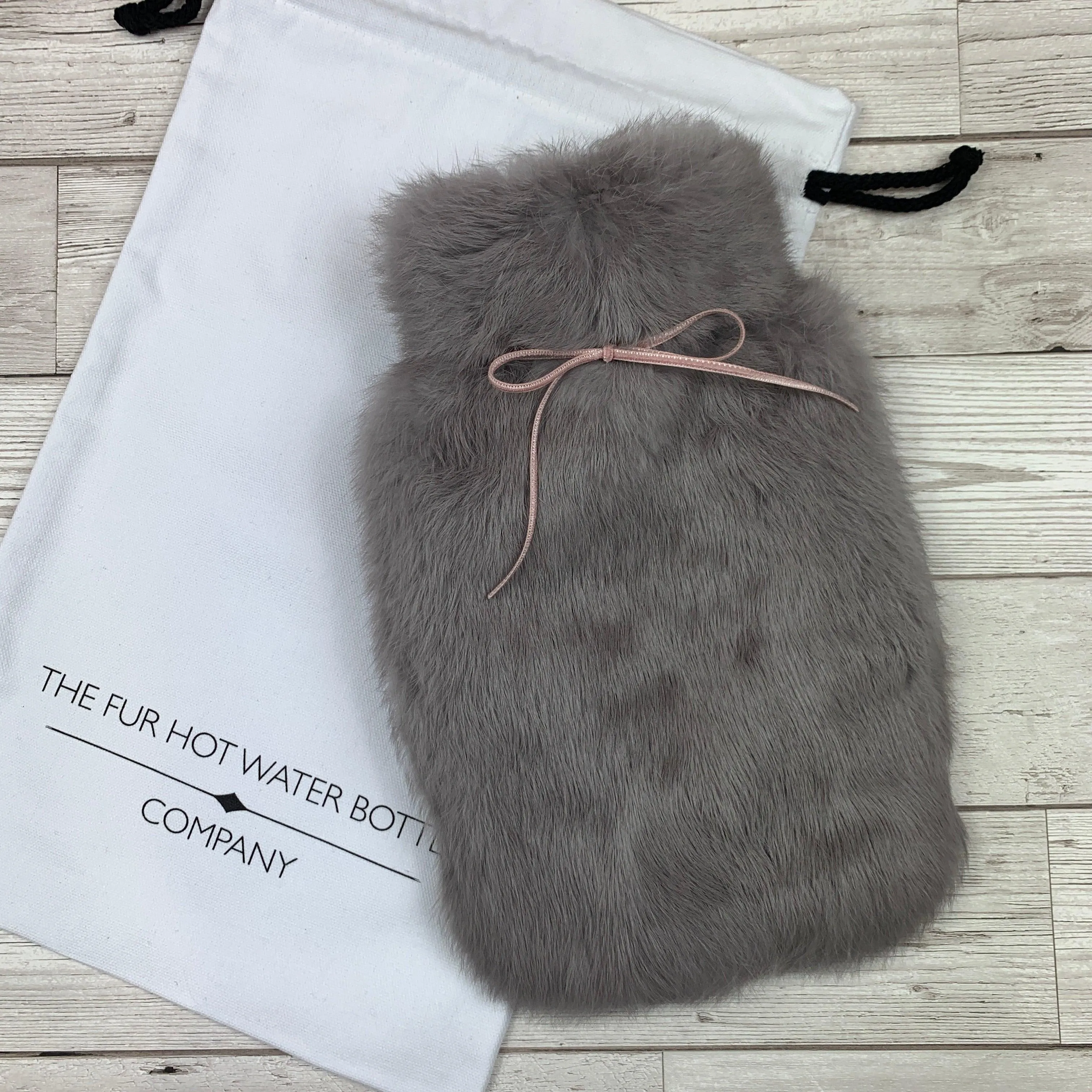 Luxury Grey Rabbit Fur Hot Water Bottle with Pink Ribbon - Small