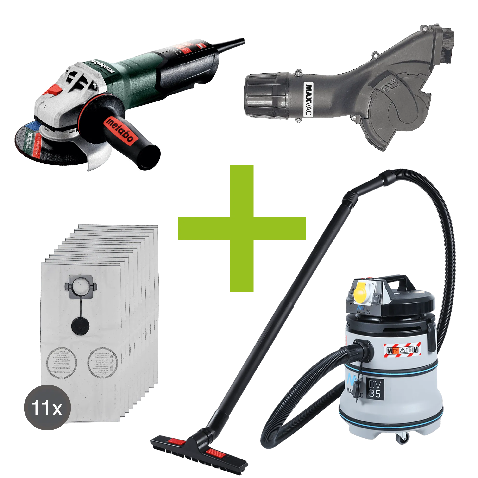 Metabo 4 1/2" (115mm) Angle Grinder, MAXVAC Dust Shroud & DV35-MB Vacuum Complete Package, Pre-Installed