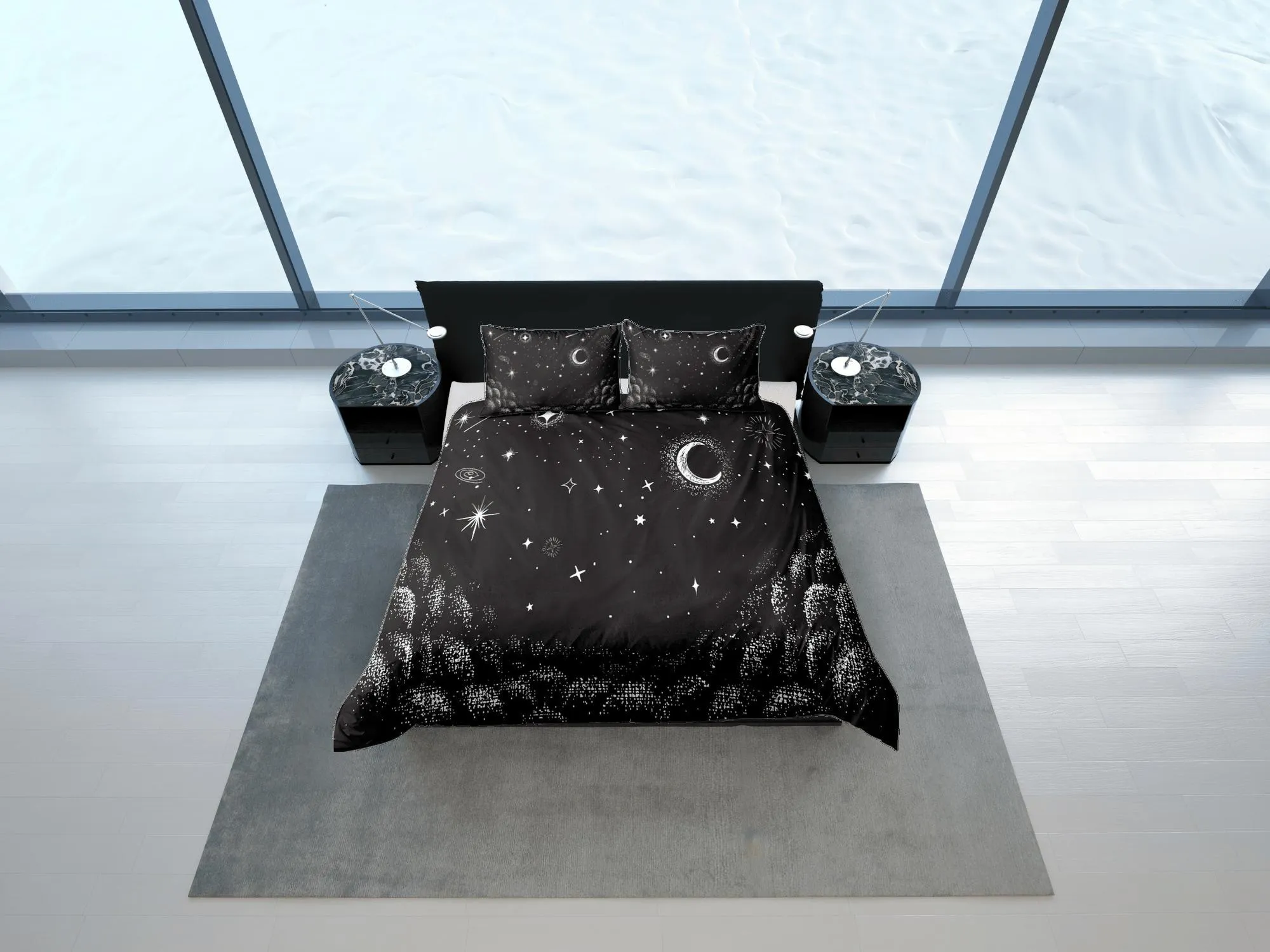 Moon Stars Galaxy Black Duvet Cover Set Bedspread, Dorm Bedding with Pillowcase