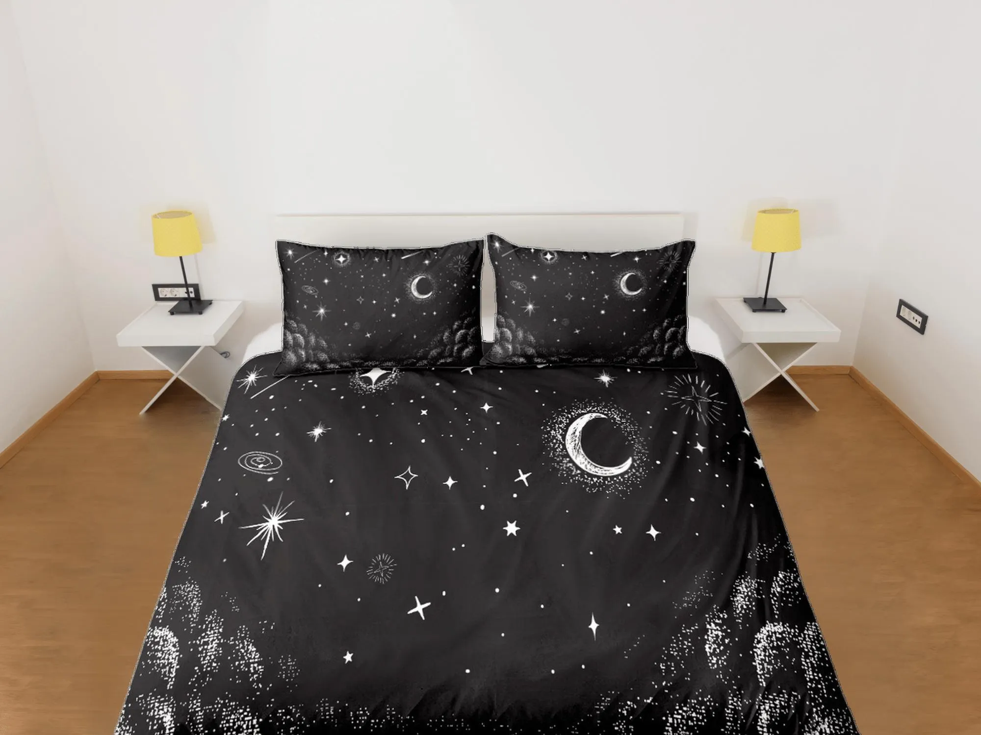 Moon Stars Galaxy Black Duvet Cover Set Bedspread, Dorm Bedding with Pillowcase