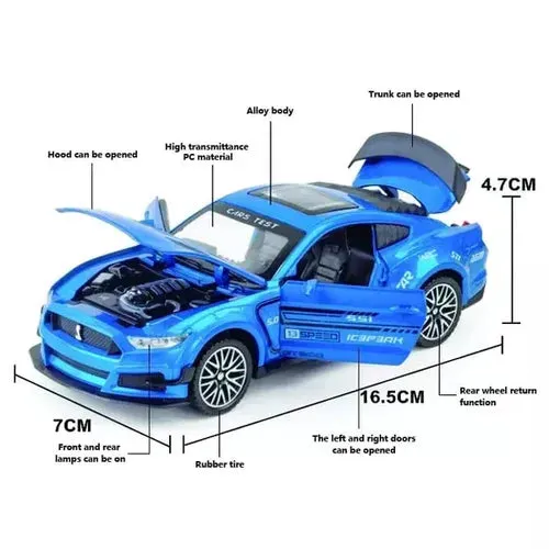 MUSTANG 1:32 DIECAST SCALE MODEL METAL PULL BACK WITH OPENABLE DOORS & LIGHT, MUSIC TOY VEHICLE FOR KIDS [ COLOR AS PER STOCK ]