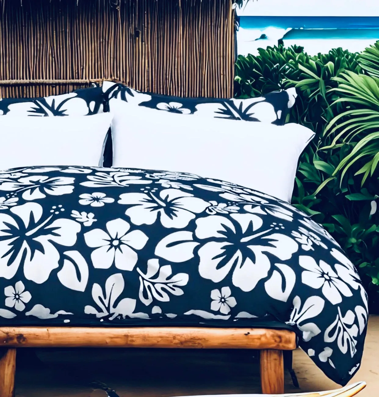 Navy Blue and White Hibiscus and Hawaiian Flowers Duvet Cover -Medium Scale