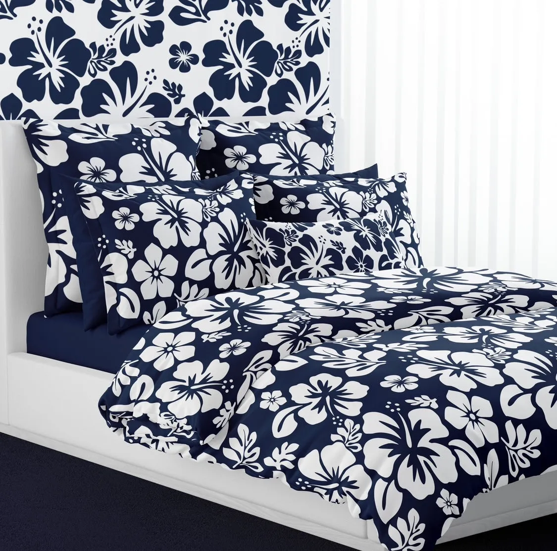 Navy Blue and White Hibiscus and Hawaiian Flowers Duvet Cover -Medium Scale