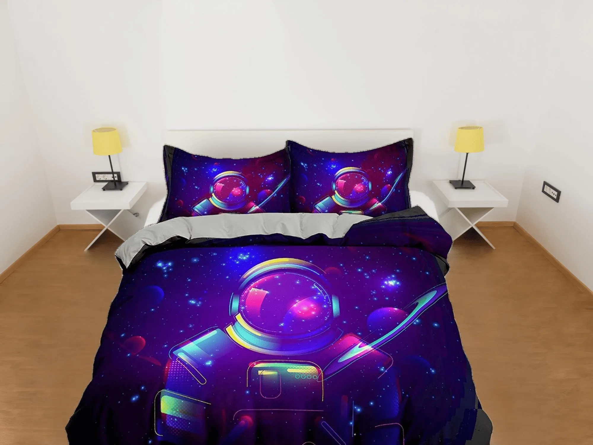 Neon Space Galaxy Astronaut Purple Bedding, Cool Hippie Duvet Cover Set, Bedding for Kids, Teens, Boys and Adults, Dark Colored Bed Cover