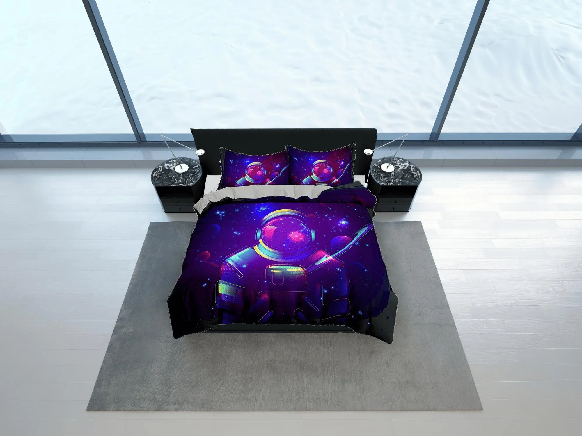 Neon Space Galaxy Astronaut Purple Bedding, Cool Hippie Duvet Cover Set, Bedding for Kids, Teens, Boys and Adults, Dark Colored Bed Cover