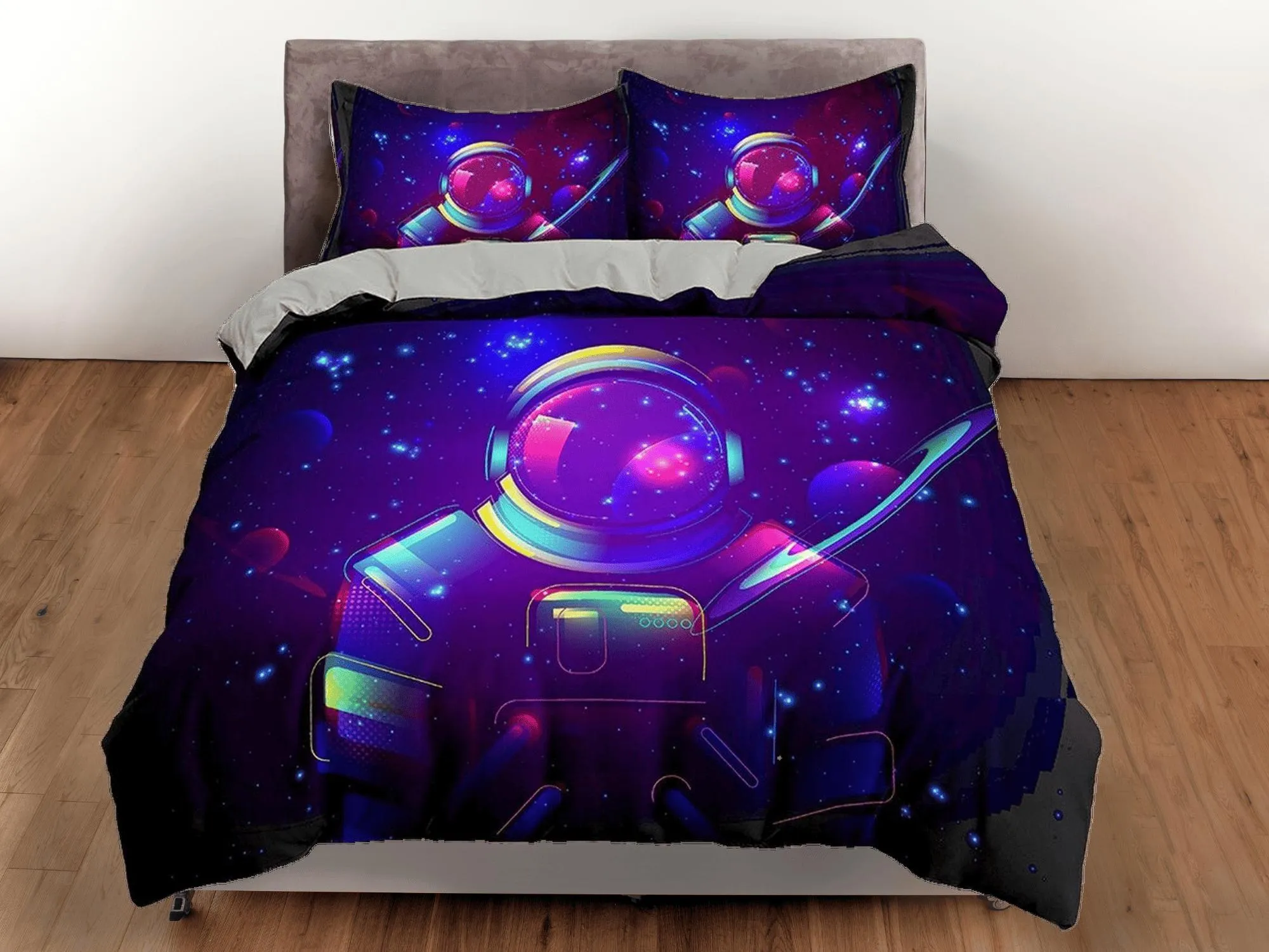 Neon Space Galaxy Astronaut Purple Bedding, Cool Hippie Duvet Cover Set, Bedding for Kids, Teens, Boys and Adults, Dark Colored Bed Cover