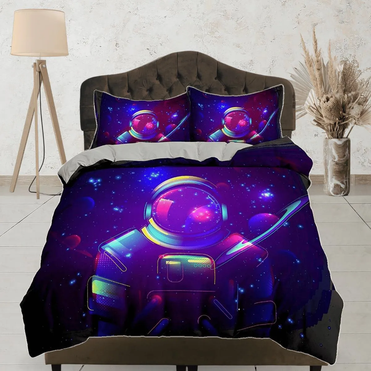 Neon Space Galaxy Astronaut Purple Bedding, Cool Hippie Duvet Cover Set, Bedding for Kids, Teens, Boys and Adults, Dark Colored Bed Cover