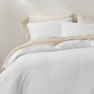 New - Full/Queen Heavyweight Linen Blend Duvet Cover & Sham Set White - Casaluna