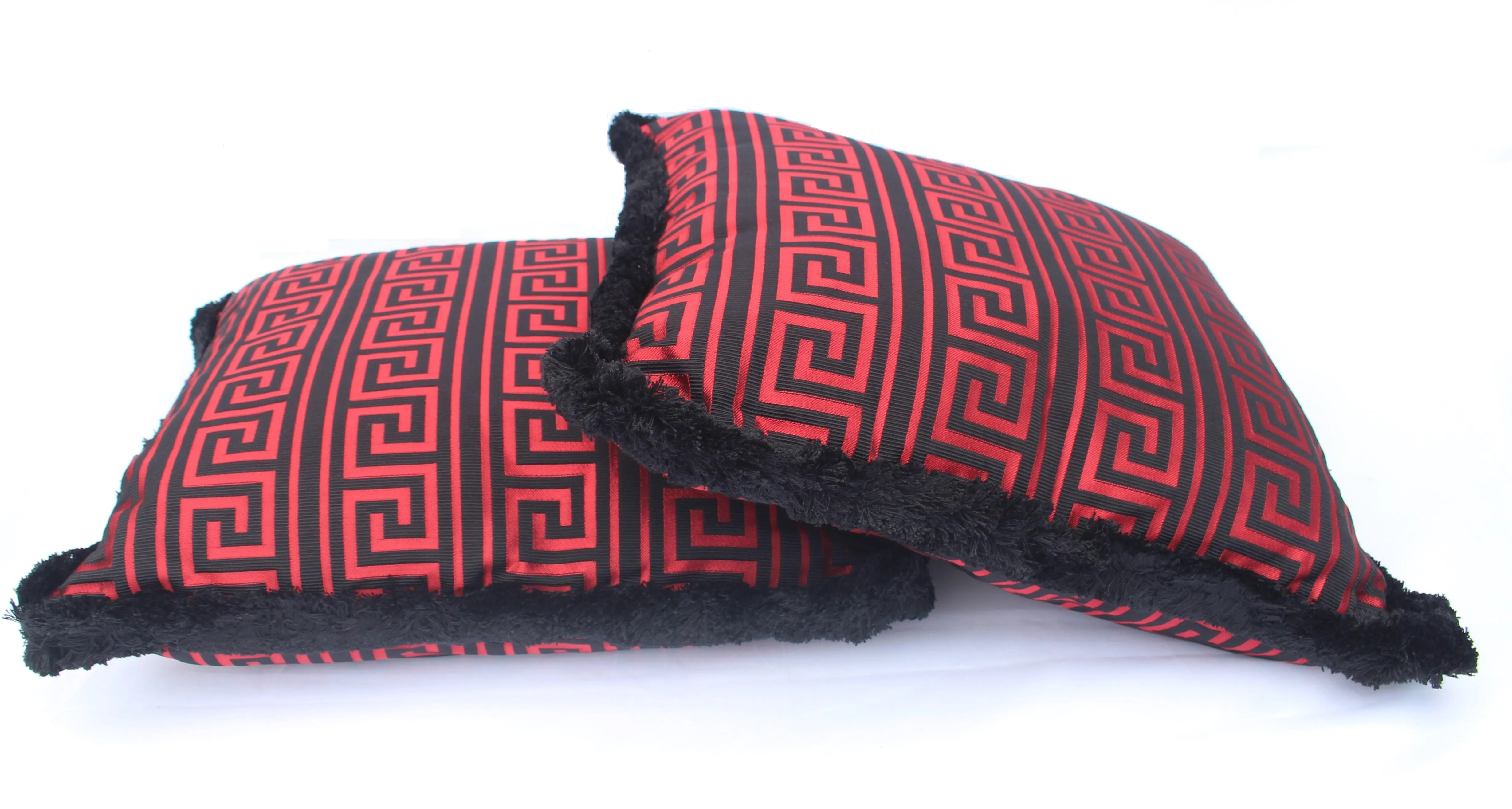 Pair Versace Greek Key Jacquard Throw Pillow/Cushions -Black Red 50cm x 50cm Plus FREE Matching Rectangular Greek Key Jacquard Cushion