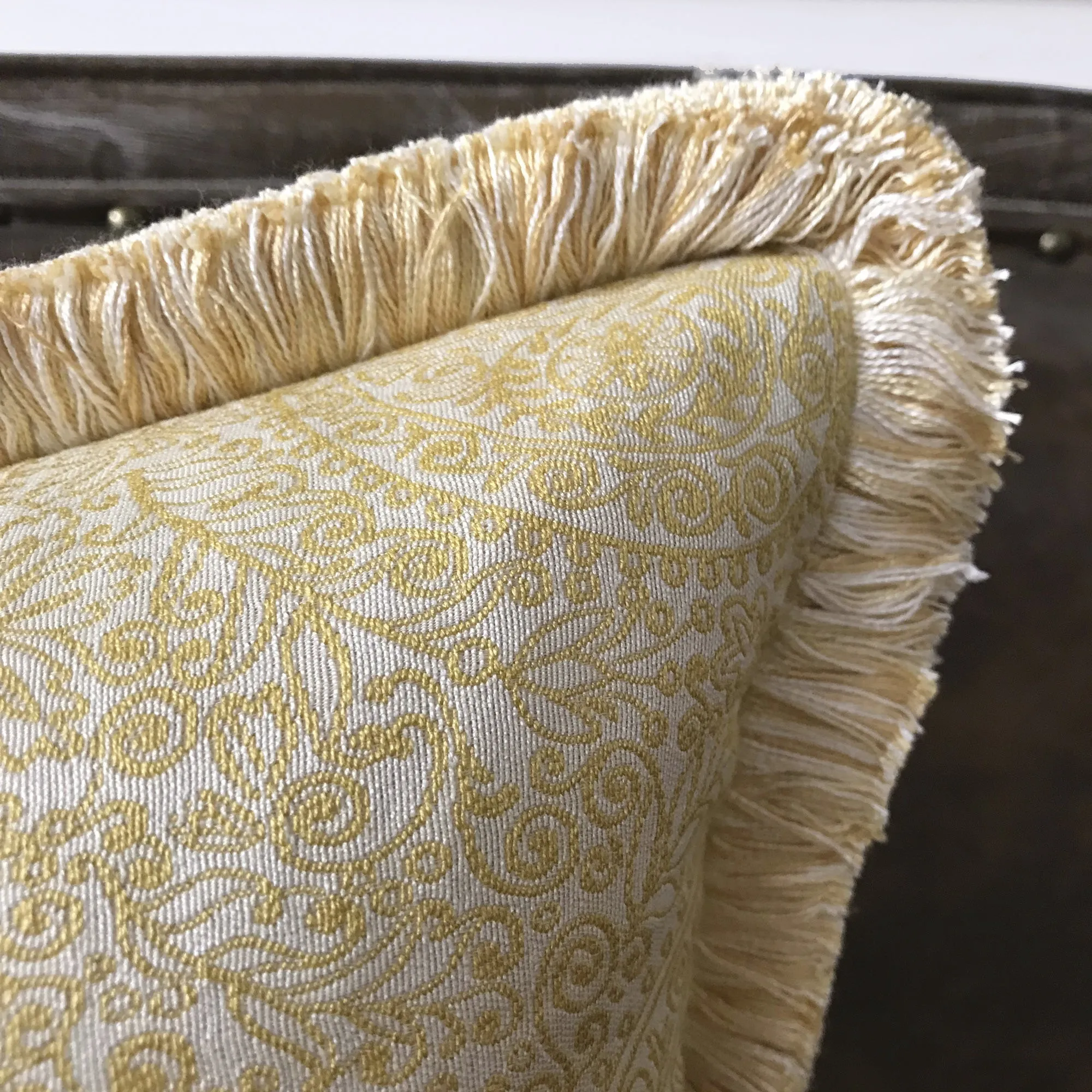 Pale Yellow Paisley Brush Fringe Edge Throw Pillow Cover