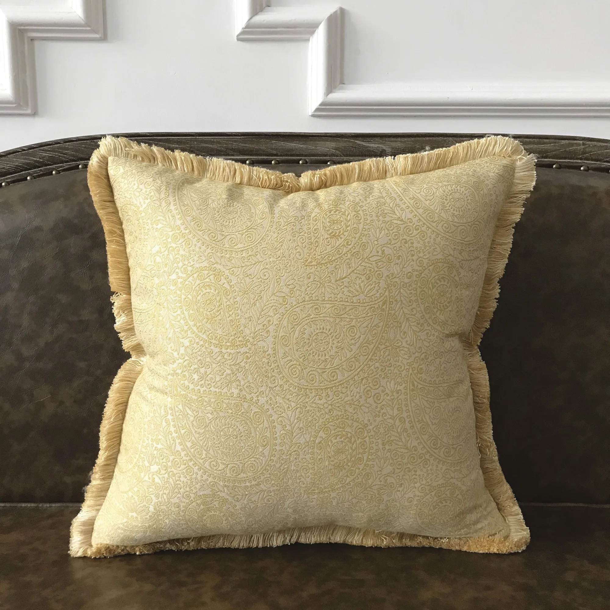 Pale Yellow Paisley Brush Fringe Edge Throw Pillow Cover