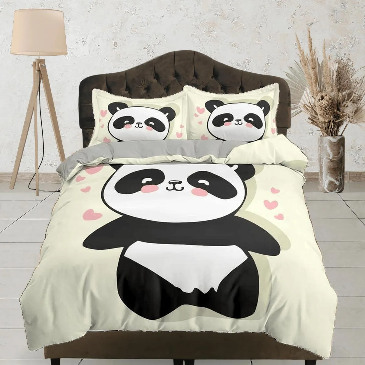 Panda in love duvet cover set for kids, bedding set full, king, queen, dorm bedding, toddler bedding, aesthetic bedspread, panda lovers gift