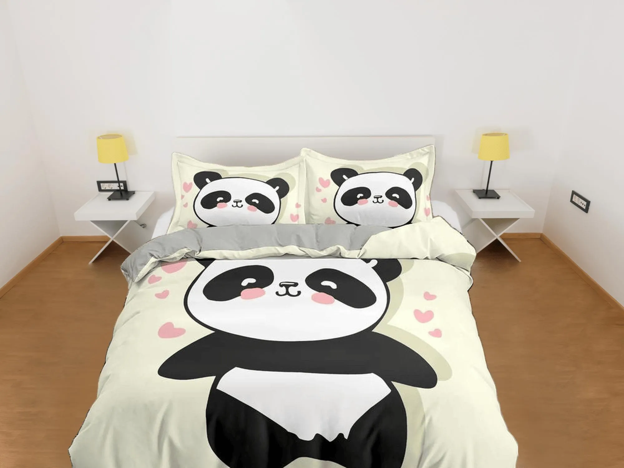 Panda in love duvet cover set for kids, bedding set full, king, queen, dorm bedding, toddler bedding, aesthetic bedspread, panda lovers gift