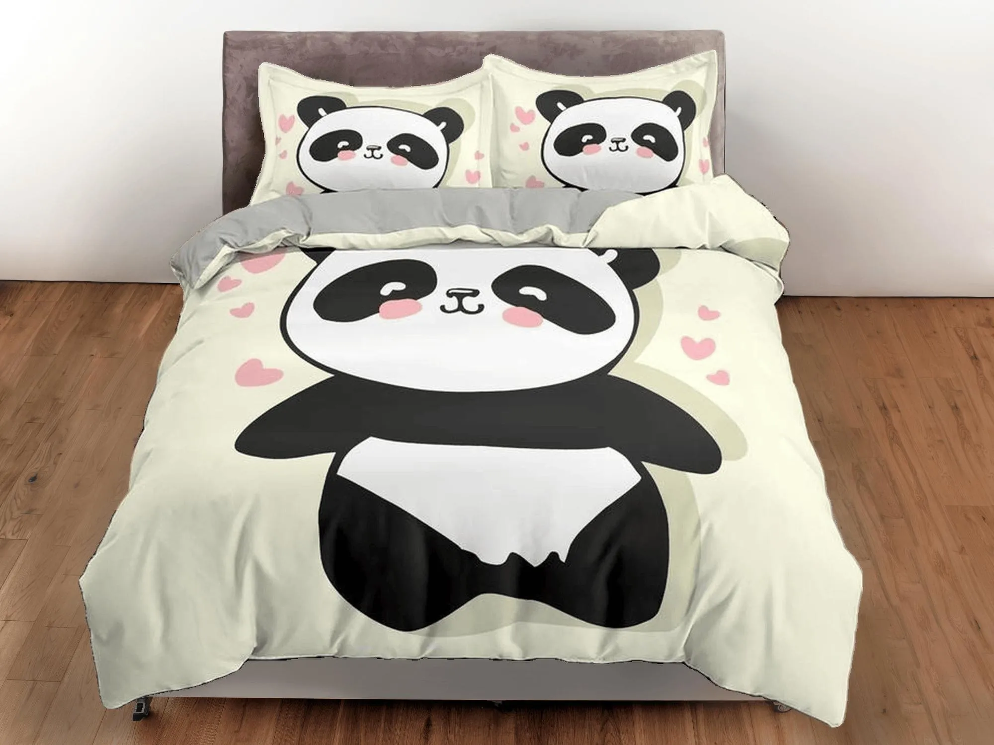 Panda in love duvet cover set for kids, bedding set full, king, queen, dorm bedding, toddler bedding, aesthetic bedspread, panda lovers gift