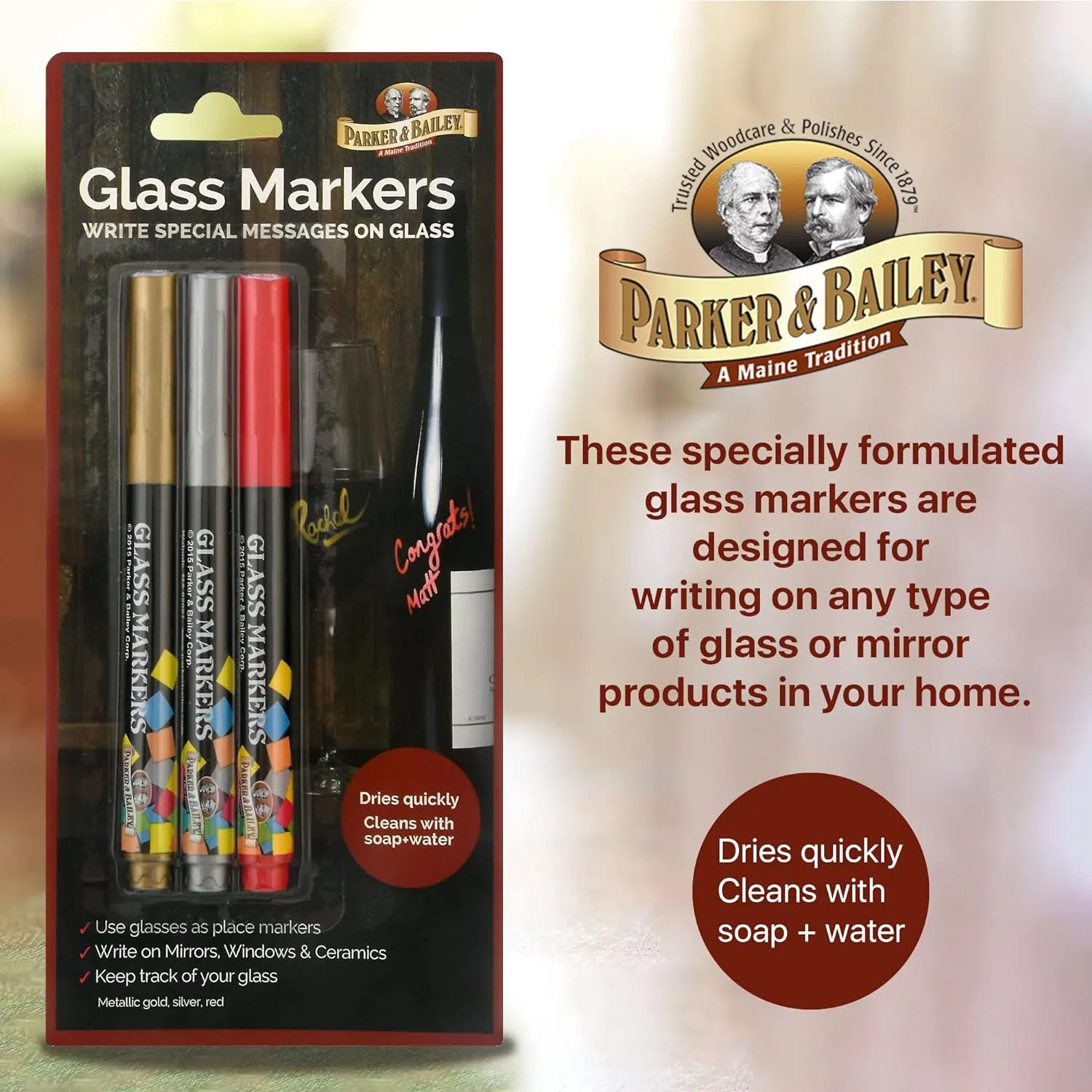 Parker & Bailey Washable Glass Markers - Metallic Washable Wine Markers for Window Mirror Ceramics Drink Glasses Bottles