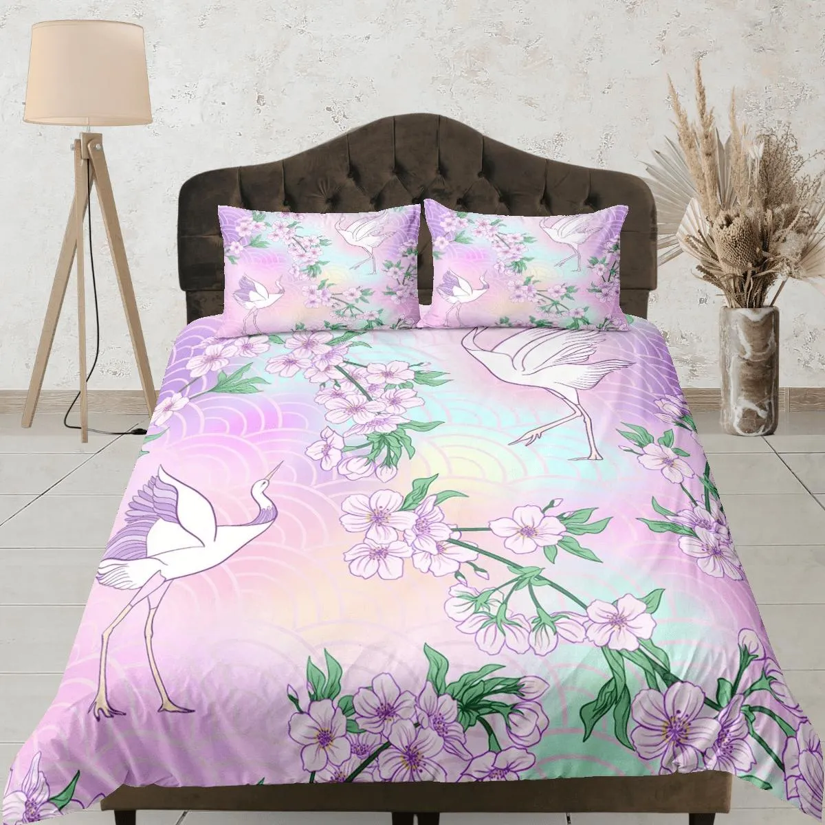 Pastel colors oriental bedding, crane bird and cherry blossoms on japanese duvet cover set for king, queen, full, twin, single, toddler bed