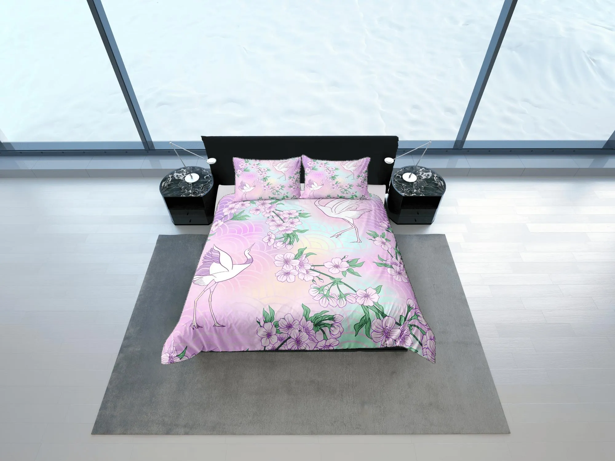 Pastel colors oriental bedding, crane bird and cherry blossoms on japanese duvet cover set for king, queen, full, twin, single, toddler bed