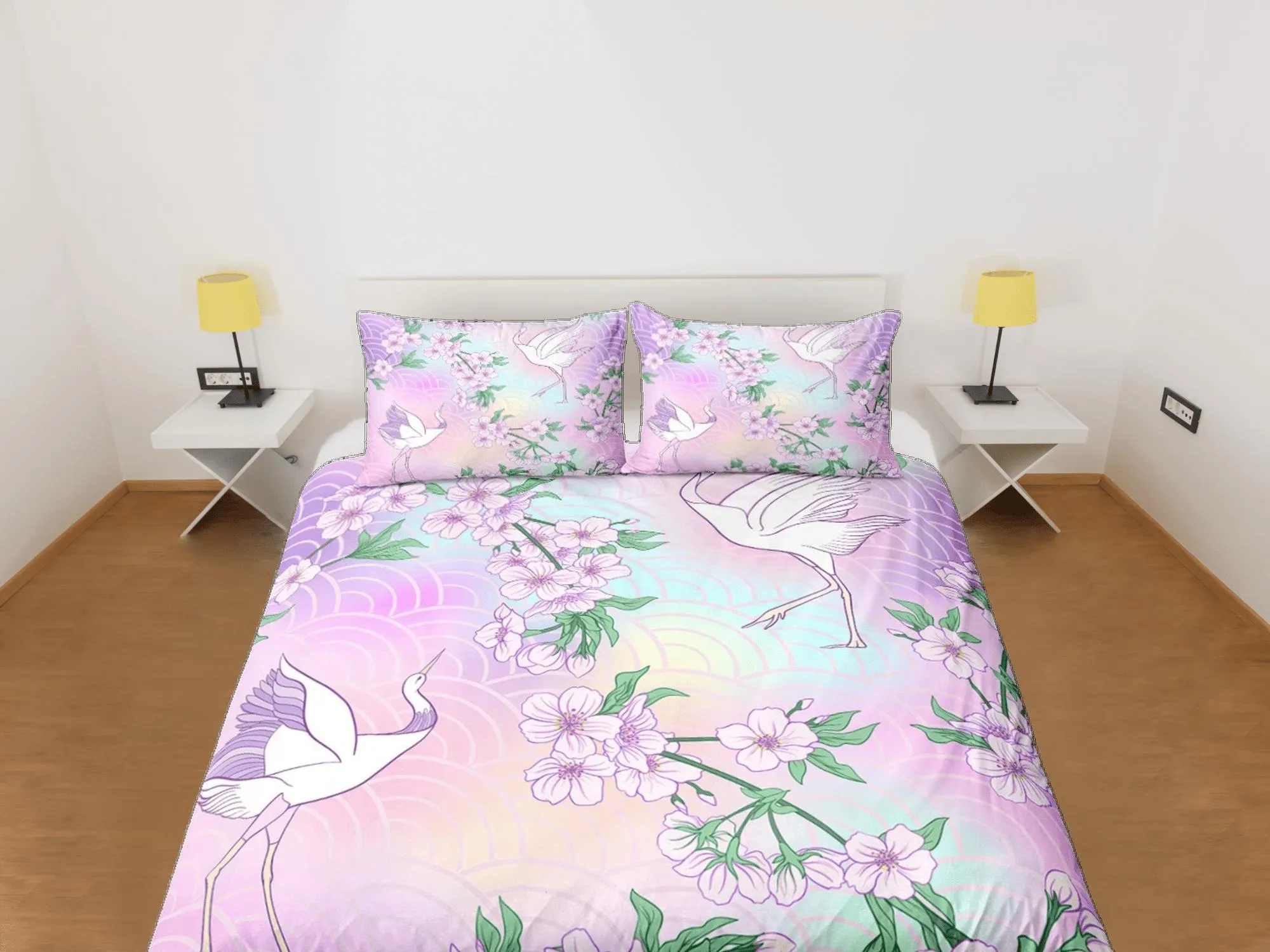 Pastel colors oriental bedding, crane bird and cherry blossoms on japanese duvet cover set for king, queen, full, twin, single, toddler bed