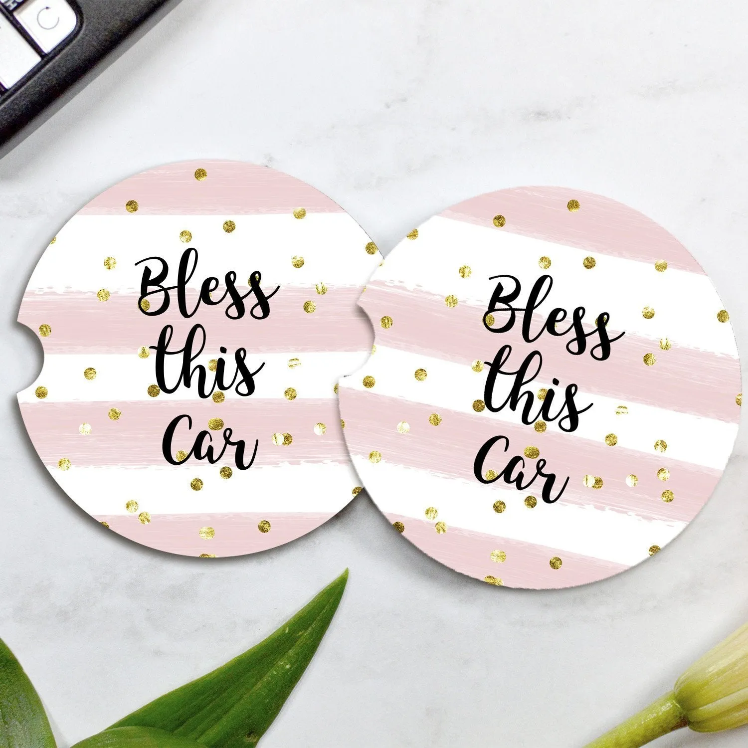 Pink & Gold Car Coasters - Watercolor Pink Stripe and Gold Glitter Bless this Car