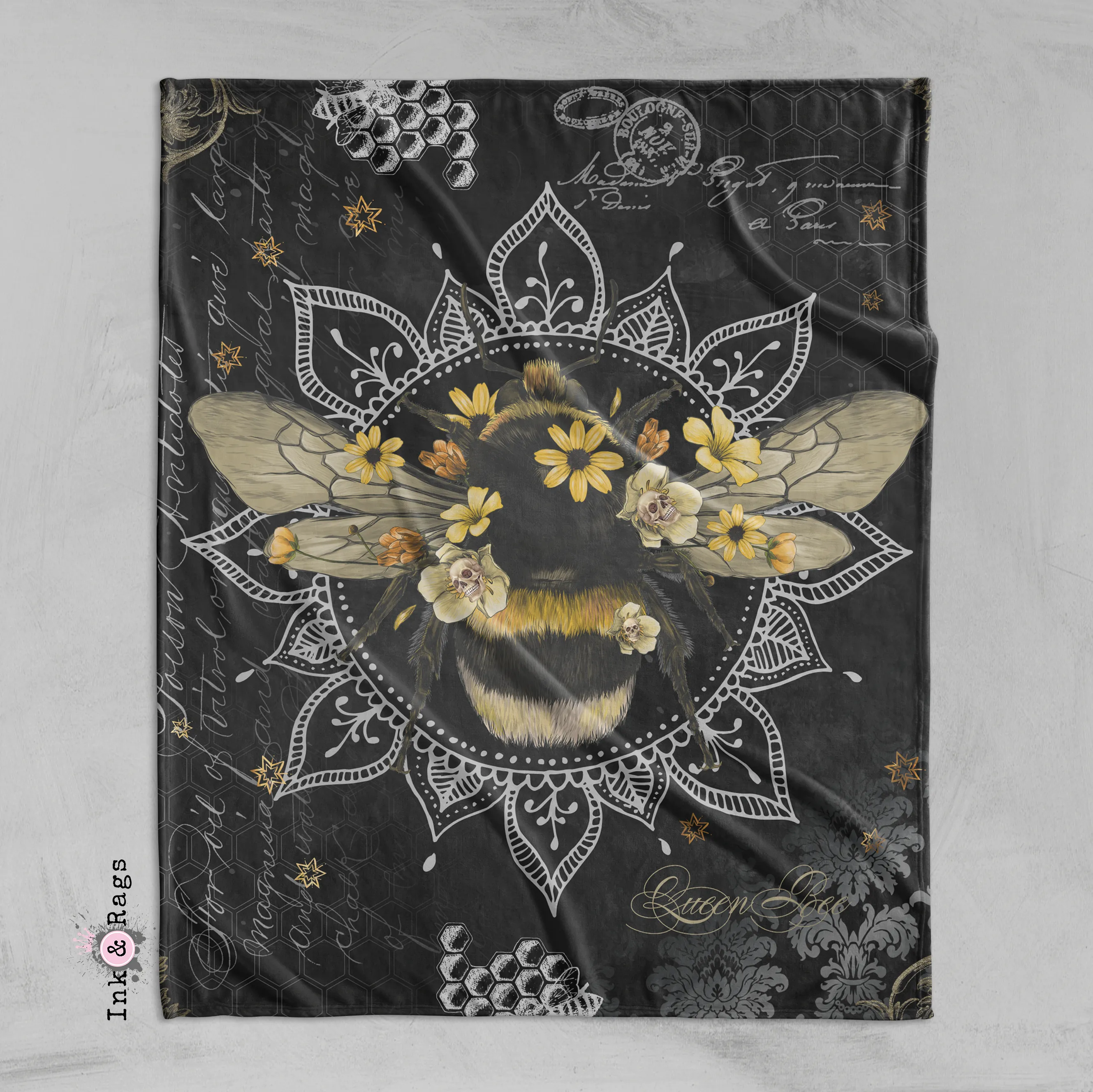 Poison Bee Mandala Skull Black Decorative Throw and Pillow Cover Set