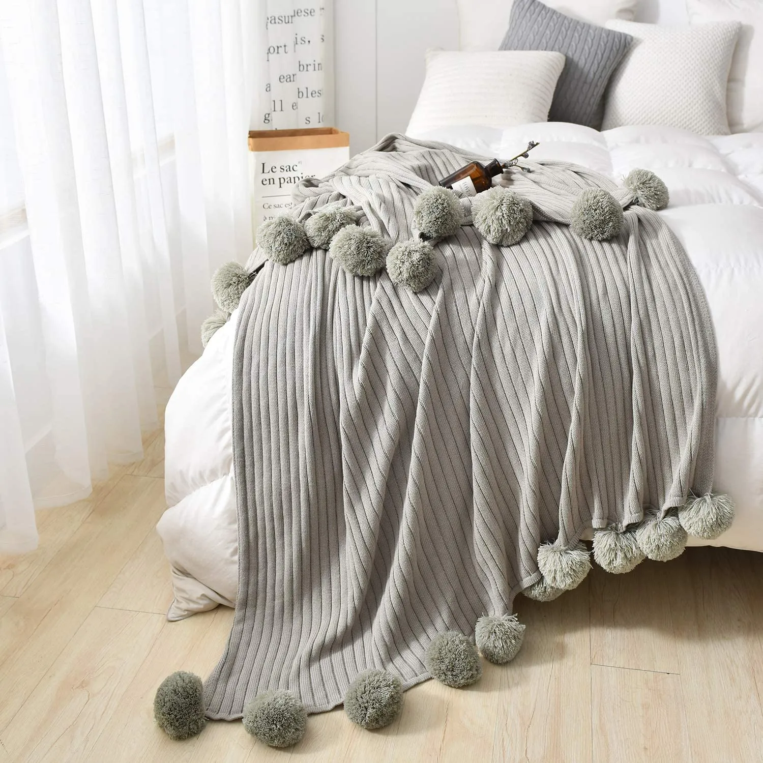 Pom Pom Light Gray Cotton Blanket