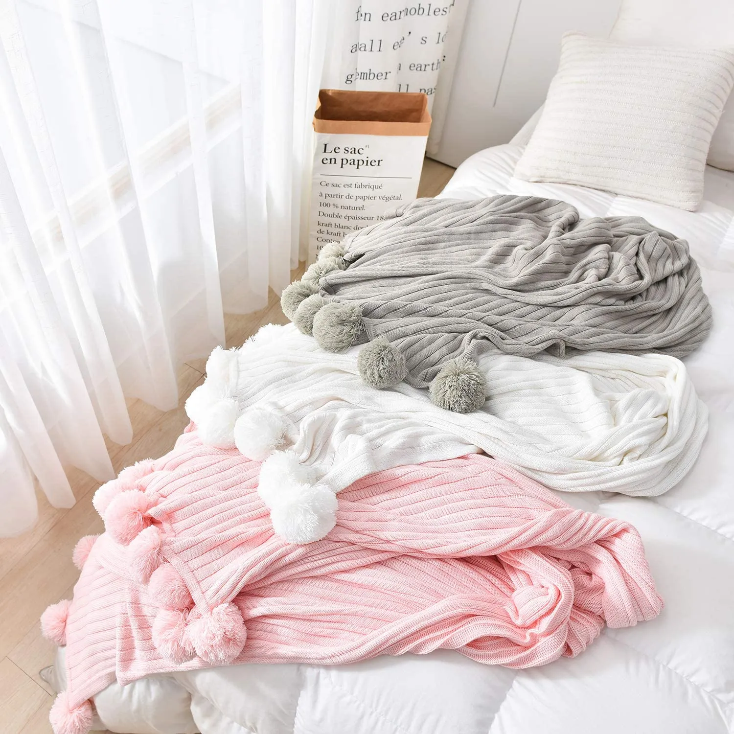 Pom Pom Light Gray Cotton Blanket