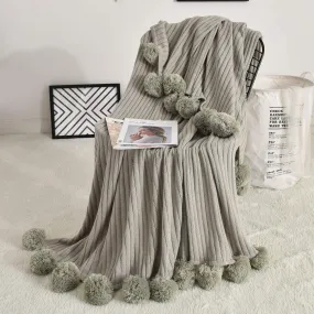 Pom Pom Light Gray Cotton Blanket