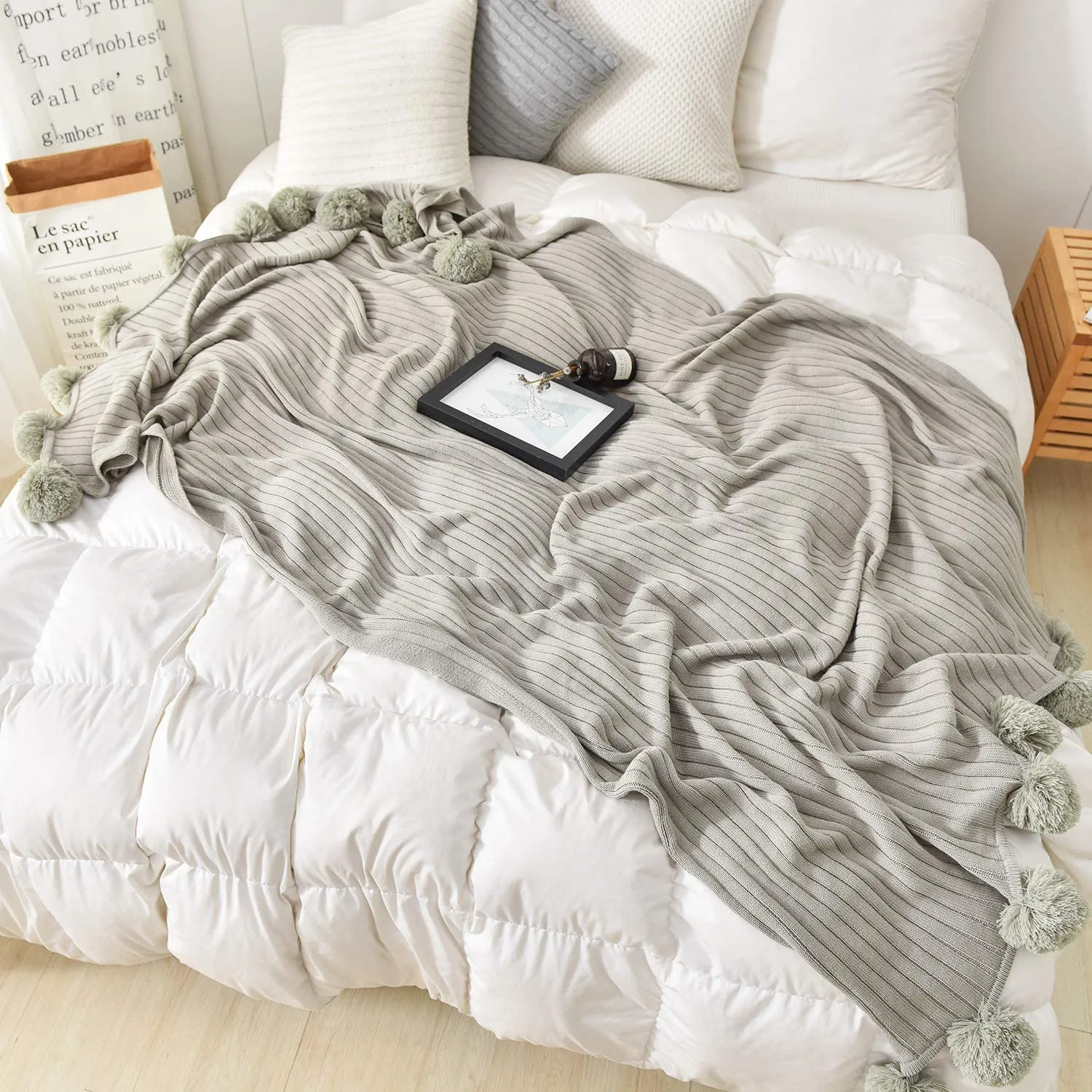 Pom Pom Light Gray Cotton Blanket