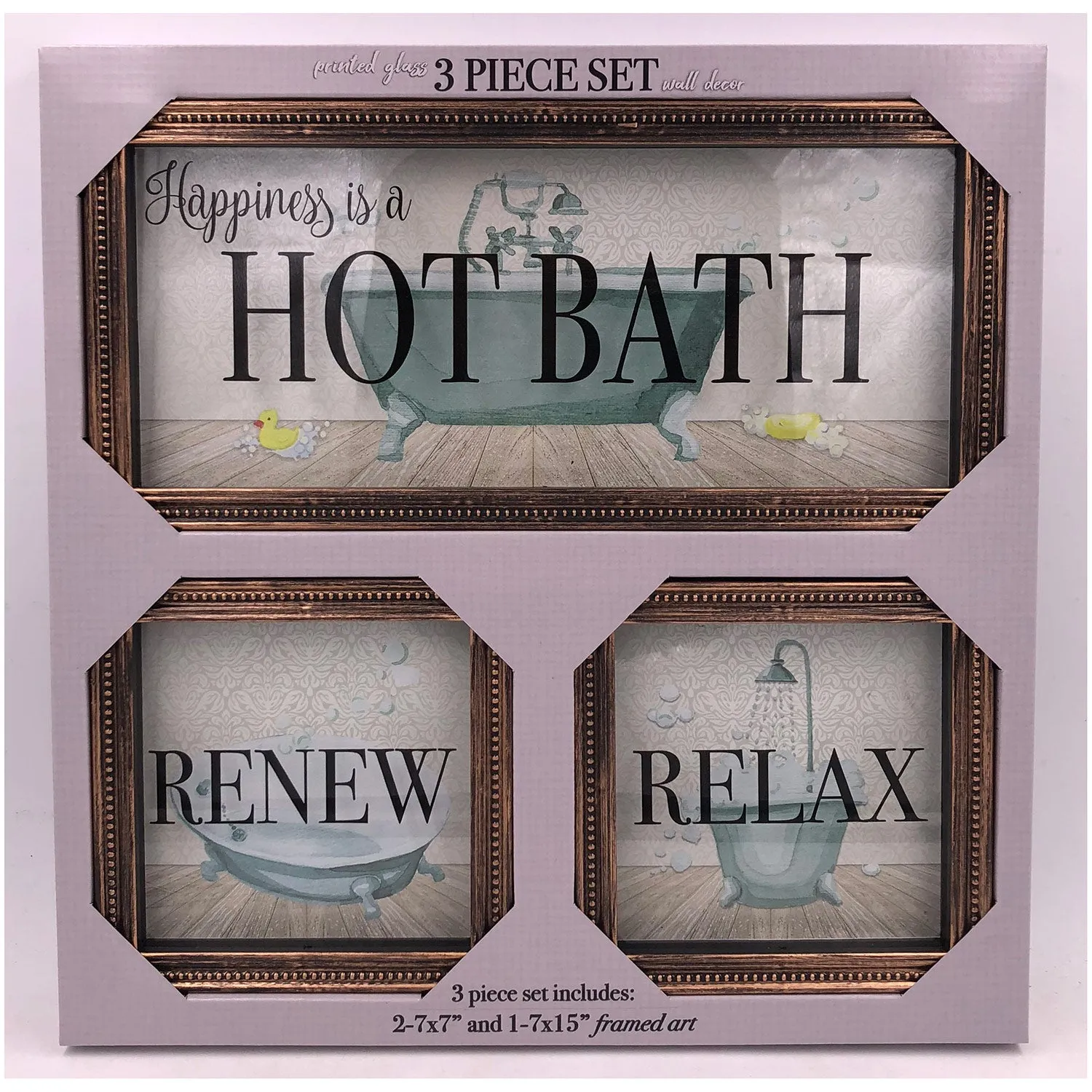 Premius 3 Piece Hot Bath, Renew-Relax Bathroom Wall Art, 15x7, 7x7 Inches