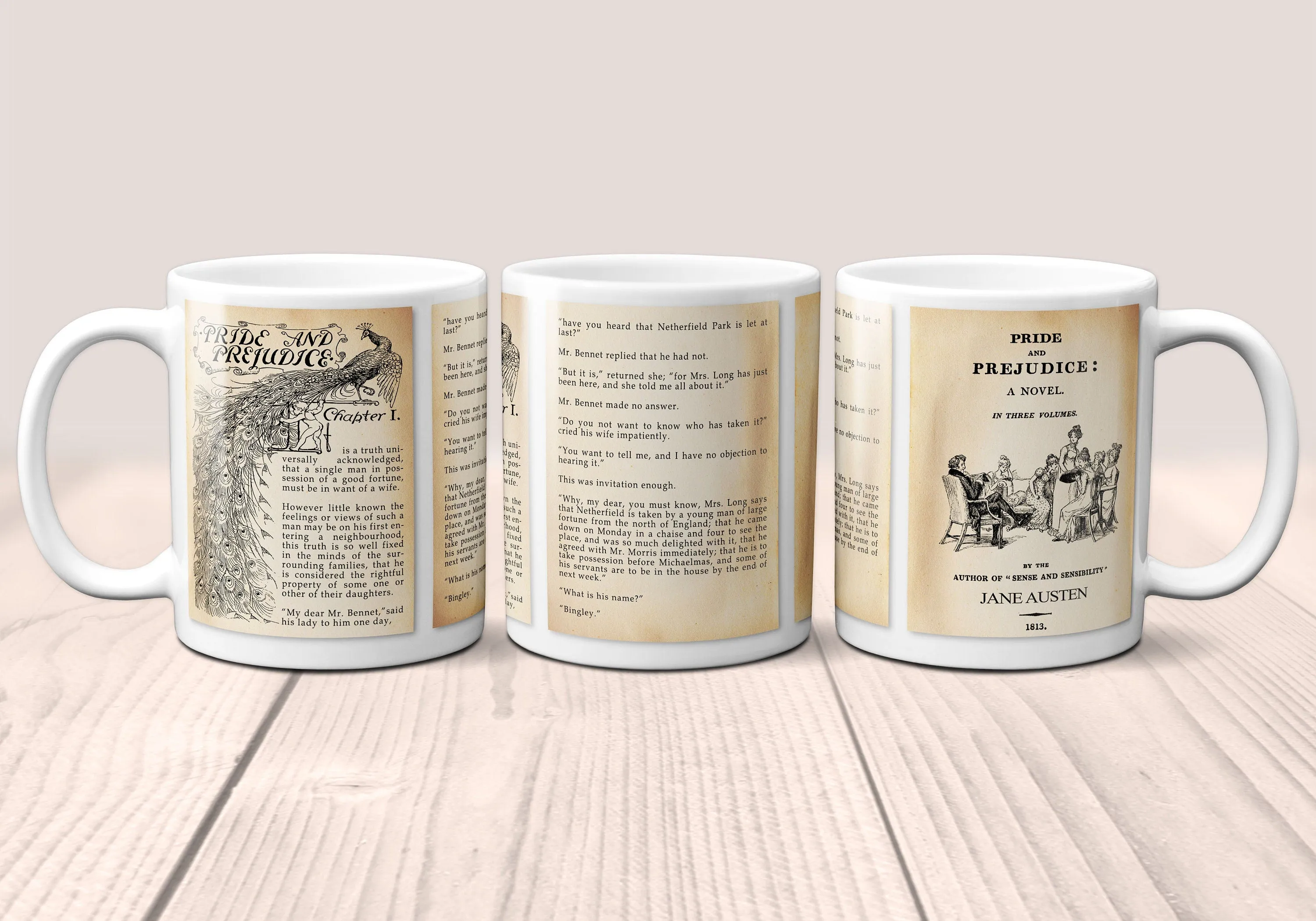 Pride and Prejudice by Jane Austen Mug. Coffee Mug with Pride and Prejudice book Title and Book Pages, Bookish Gift,  Literature Mug.