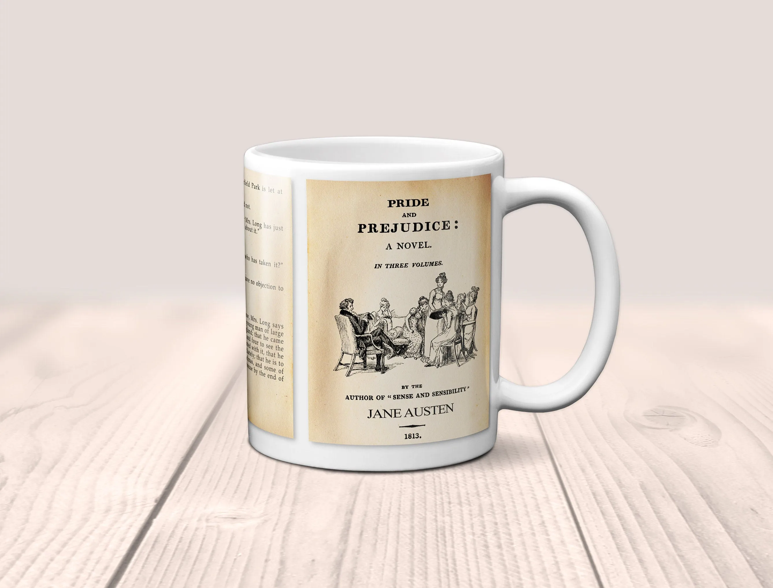 Pride and Prejudice by Jane Austen Mug. Coffee Mug with Pride and Prejudice book Title and Book Pages, Bookish Gift,  Literature Mug.