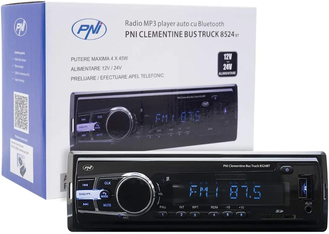 Radio MP3 Player Auto  Clementine Bus 8524BT 4x45w, RDS, 12V / 24V 1 DIN cu SD, USB, AUX, RCA SI Bluetooth 24 Volt