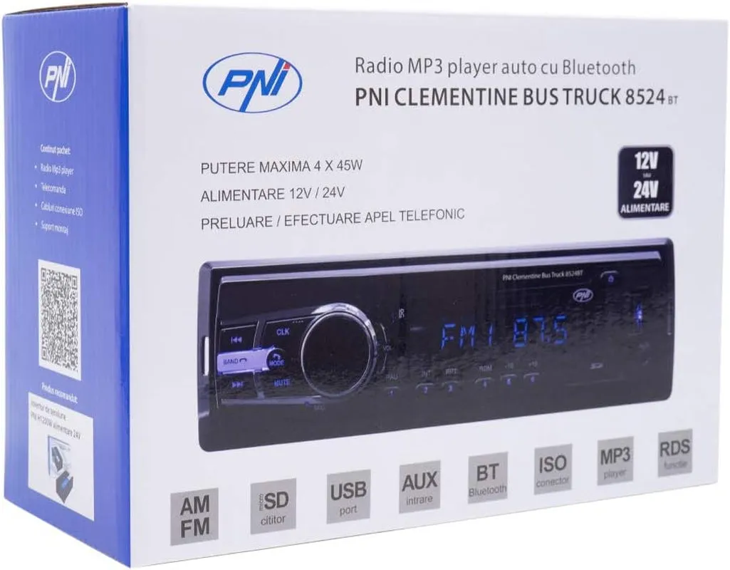 Radio MP3 Player Auto  Clementine Bus 8524BT 4x45w, RDS, 12V / 24V 1 DIN cu SD, USB, AUX, RCA SI Bluetooth 24 Volt