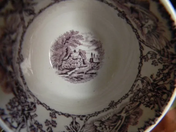 Rural Scenes Purple Transferware Cup and Saucer Pastoral Mother Children Cattle Stream