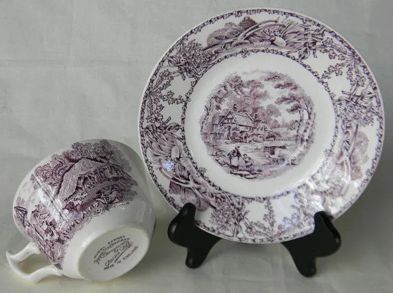 Rural Scenes Purple Transferware Cup and Saucer Pastoral Mother Children Cattle Stream