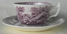 Rural Scenes Purple Transferware Cup and Saucer Pastoral Mother Children Cattle Stream