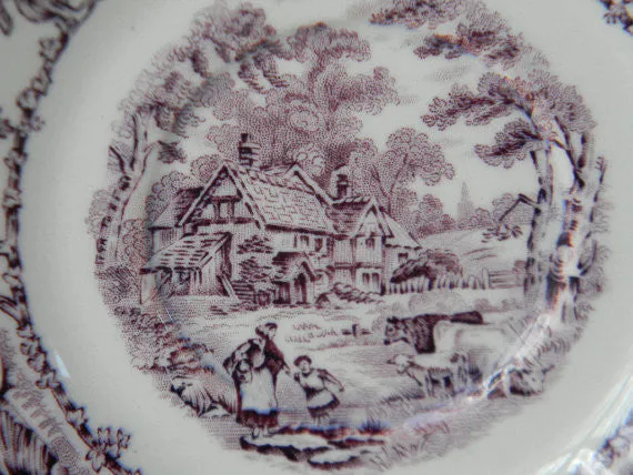 Rural Scenes Purple Transferware Cup and Saucer Pastoral Mother Children Cattle Stream