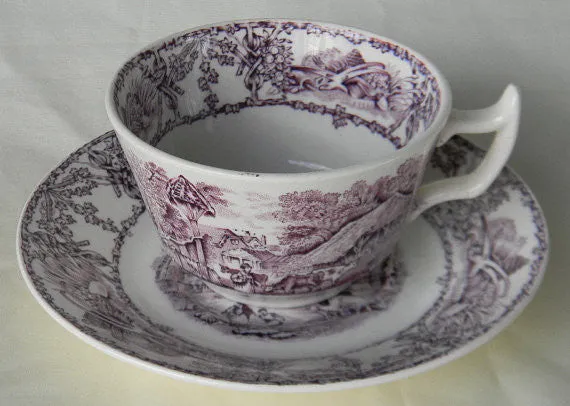 Rural Scenes Purple Transferware Cup and Saucer Pastoral Mother Children Cattle Stream